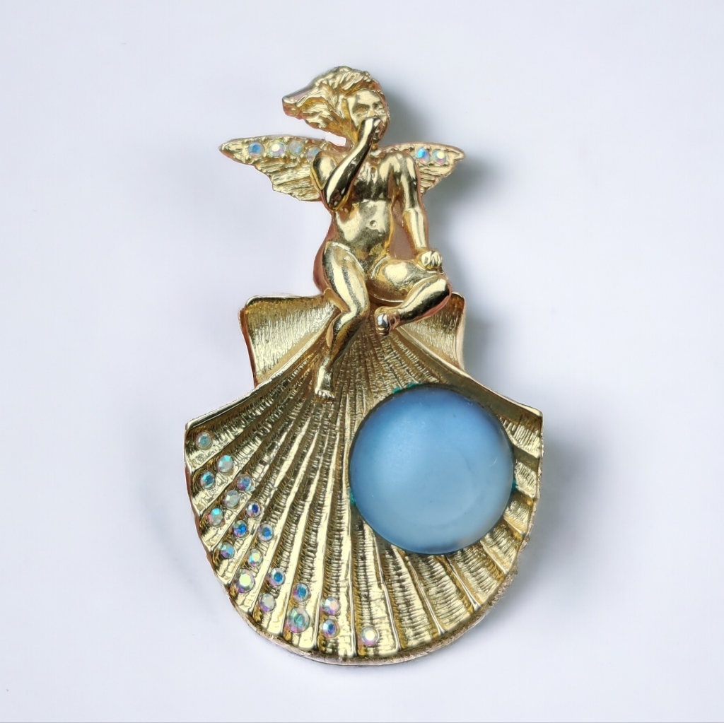 Vintage Kirks Folly Ab Crystal And Blue Moon Glow Shell Brooch 45$